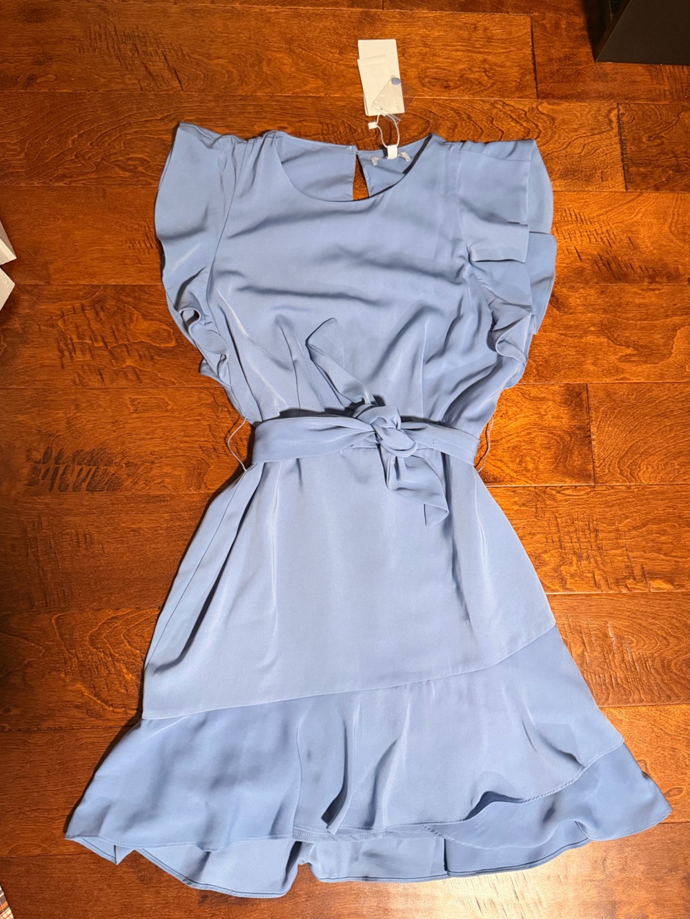 NWT Lucy Paris Light Blue Ruffle Belted High Neck Women's Dress Size M